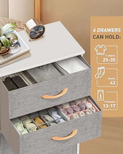 Mifuro Tall Dresser for Bedroom with 6 Drawers, Vertical Storage Organizer Tower, Chest of Drawers with Fabric Bins, Steel Frame, Wood Top for Bedroom, Closet, Entryway- Light Grey - color: Light Grey, size: 6 Medium Drawers
