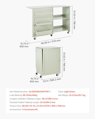 VEVOR Folding Sewing Table, Multipurpose Sewing Machine Table with Compact Design, Wheels, Wooden Pegs, Storage Trays and Shelf, Magnetic Door Lock, Craft Station and Side Desk for Home, Light Green - size: Green w/o Cabinet