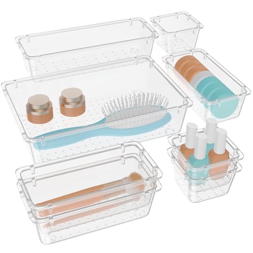 WOWBOX 8 PCS Clear Plastic Drawer Organizer Set, 4 Sizes Desk Drawer Organization and Storage Containers for Makeup, Cosmetics, Jewelry and Gadgets in Kitchen, Bathroom, Bedroom, Office, Clear - color: Clear, size: 8 PCS