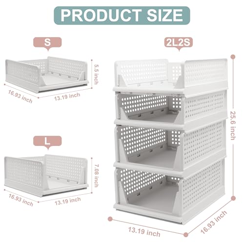 Goderewild Stackable Foldable Storage Baskets, Folding Storage Bins, Closet Organizers and Plastic Drawer Shelf Storage Container for Wardrobe, Cupboard, Kitchen, Bathroom, Office (White, 2L2S) - size: 2L2S
