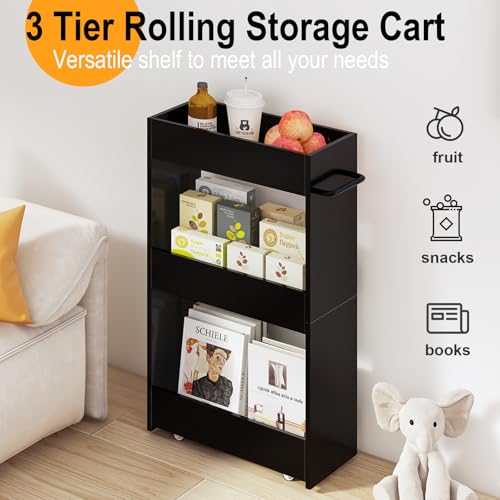 MARTY Wood Rolling Storage Cart 7.9" W, 3 Tier Slim Utility Kitchen Cart on Wheels Laundry Room Bathroom Organizers Narrow Shelves with Handle Mobile Shelving Unit for Small Places, Black - color: Black