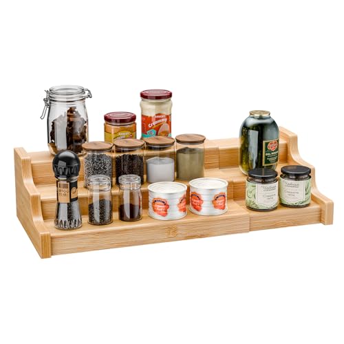 Simple Trending Spice Rack Kitchen Cabinet Organizer, 3 Tier Bamboo Expandable Spice Storage, Display Shelf for Cupboard, Pantry, Yellow