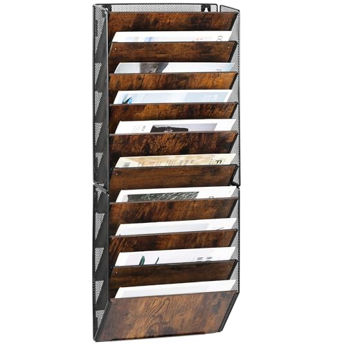 TQVAI 10-Pocket Hanging Wall File Organizer - Metal Folding Wall Mounted Mail Document Holder, Multi-Purpose Clipboard Storage Rack for Office, Homeschool, Classroom Organization, Black/Vintage - size: 10 Pockets