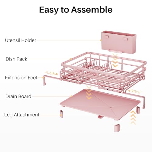 SNTD Dish Drying Rack - Extendable Dish Rack, Large Sink Drying Dish Drainer for Kitchen Counter, Stainless Steel Dish Strainer with Utensil Holder (Pink) - color: Pink