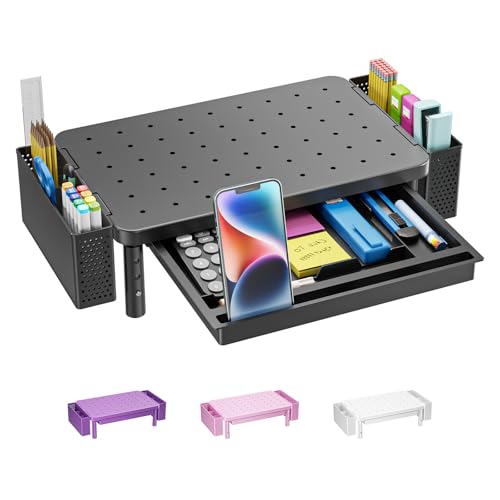 WALI Computer Monitor Stand with Storage, Desk Organizer with Drawer and Pen Holder, Desk Monitor Riser 3 Height Adjustable, Laptop Riser for Computer, Laptop, Printer(PTT003-B), 1 Pack, Black - color: Matte Black, size: with Drawer and Pen Holder