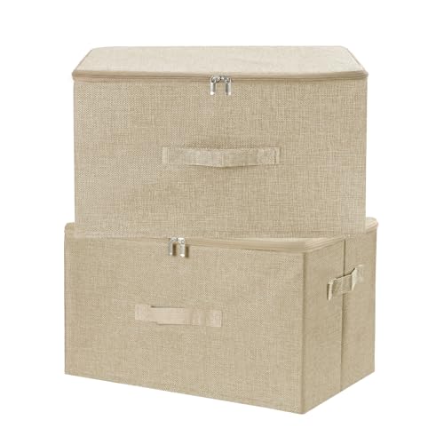 ANMINY 2PCS Storage Bins with Zipper Lids 36 Qt Lidded Fabric Storage Boxes Baskets Cubes with Handles Collapsible Washable Cotton Linen Closet Shelf Clothes Organizer Containers - Beige, Large - color: Beige, size: Large (Pack of 2)
