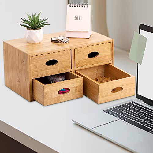 ZOOFOX Bamboo Desk Organizer, 100% Natural Bamboo Tabletop Storage Box with 4 Drawers, Night Stand Table Organizer, Wooden Desktop Drawer Organizer for Makeup Vanity Office Supplies