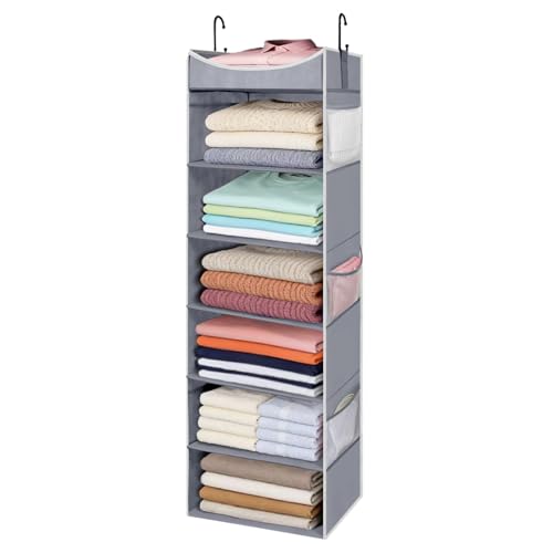 6-Shelf Hanging Closet Organizer and Storage with 6 Side Pockets, Collapsible Closet Hanging Shelves for Storage, Grey - size: 6-shelf