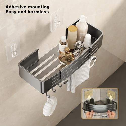 VOLPONE Adhesive Shower Caddy No Drilling Shower Shelves for Inside Shower Heavy Duty Bathroom Organizer Storage Rack with Towel Bar Hooks (2-Pack, Matte Gray) - style: Adhesive strip rectangle with towel bar 2 Tier Gray