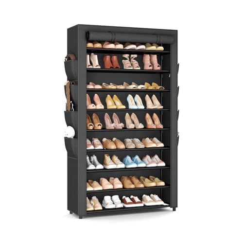 Shoe Rack with Cover, 10 Tier Shoe Organizer Storage for 40-50 Pairs Sneaker and Boots, Large Capacity, with 8 Pockets, Free Standing Tall Shoe Rack for Front Door Entrance, Closet - color: Black