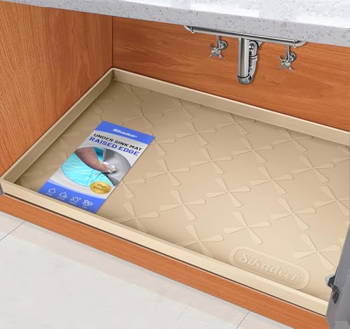 SIKADEER Waterproof Under Sink Mat 22x19, Raised Edge Silicone Mat Under Sink Shelf Liner, Sink Protector Kitchen Cabinet Tray for Bathroom Vanity and Small Cabinets, Cat Food Mat - color: Beige, size: 22"W x 19"L