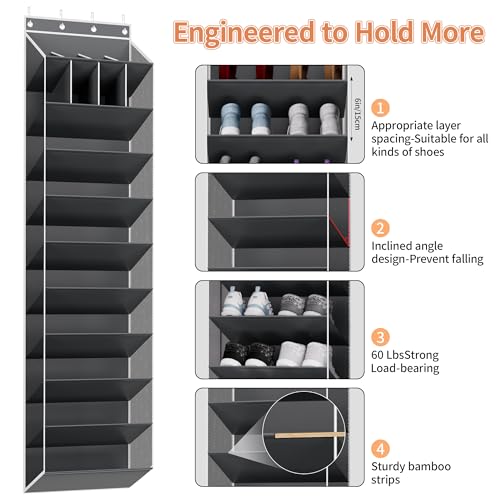 KYEVIS 10-Tier Large Size Over the Door Shoe Organizer, 20 Pairs Hanging Shoe Rack for Closet with Deep Pockets, Space-Saving Storage for Sneakers, Boots Heels (Grey) - color: Gray