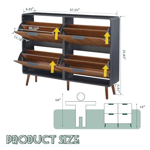 47" Fluted Large Shoe Cabinet with 4 Flip Drawers, Slim Freestanding Shoe Cabinet Organizer, Narrow Shoes Storage Rack for Entryway, 5 Sturdy Legs (Walnut with black, 9.45"D x 47.24"W x 35.83"H) - color: Walnut With Black#, size: 4 Drawers