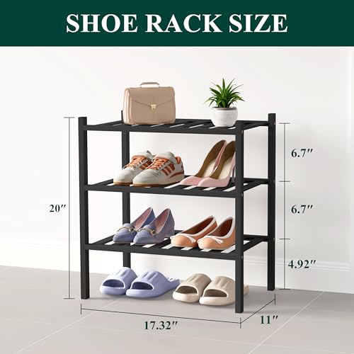 Smiry Bamboo Shoe Rack for Closet, 3 Tier Small Wooden Stackable Shoe Organizer, Free Standing Shoes Storage Shelf for Entryway, Front Door Entrance, Black - color: Black, size: 3 Tier - Small