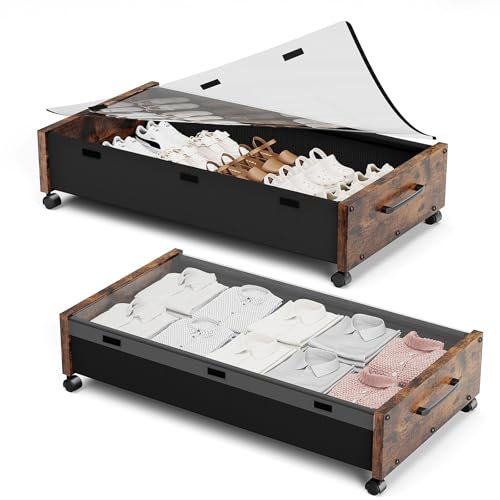 KITHELP Wooden Under Bed Storage with Wheels, Rolling Under the Bed Storage Bins with Removable Lid, Metal Under Bed Drawers for Clothes and Shoes in Bedroom or Living Room(Vintage Brown-2pack) - color: Vintage Brown-2pack