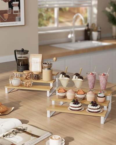 SONGMICS Display Risers, Set of 2 Engineered Wood Perfume Organizer Stand, 3-Tier Cupcake Stand Holder, Spice Rack, Shelf Risers for Figures, Dessert Shelves, Natural Beige and Cloud White UKCS016N02 - color: Natural Beige + Cloud White, size: 3 Tiers