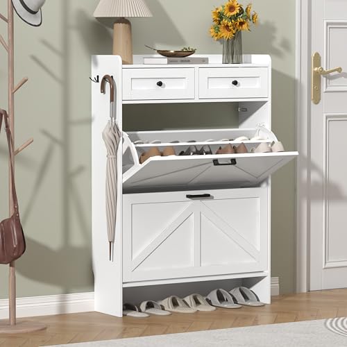 Thacuok Shoe Cabinet with 2 Flip Drawers & 2 Storage Drawers, Rustic Farmhouse Narrow Shoe Organizer Cabinet, Slim Shoe Rack Cabinet, Shoe Storage Cabinet for Entryway, Hallway - color: White, size: 2 Drawers