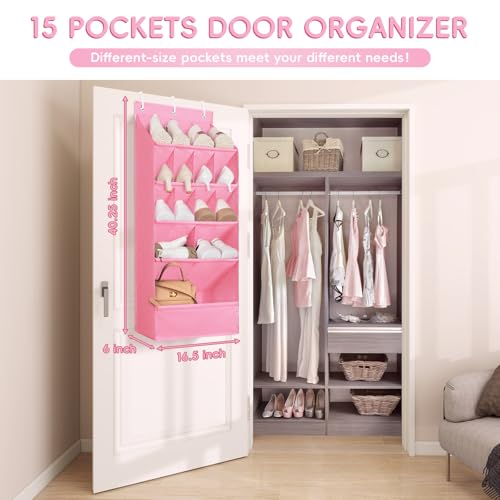 FENTEC 1 Pack Over-the-Door-Shoe-Organizers, Hanging Shoe Organizers with Large Pocket Shoe Holder Hanging Shoe Rack for Closet Shoes Organizer for Wall, Over Door Organizer with 15 Pockets Pink - color: PINK-(18+ Pairs), size: 1 Pack