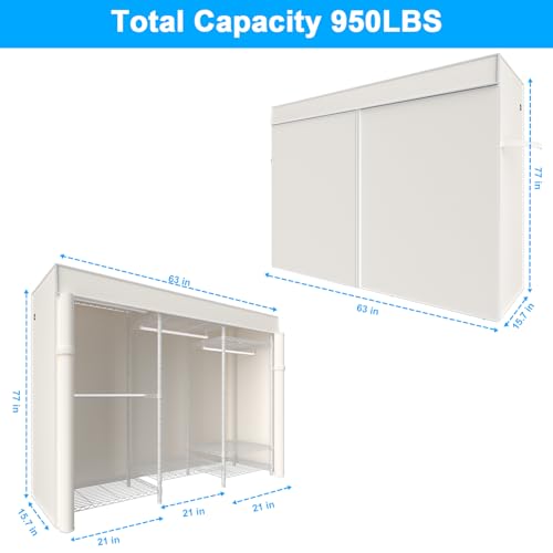 Ulif E13C Heavy Duty Closet Organizer System，Freestanding Clothing Racks for Hanging Clothes，Adjustable Garment Rack 63" W x 16" D x 77" H Hold 960 lbs，White Clothing Rack with White Dustproof Cover - color: White Rack with White Cover, size: E13C