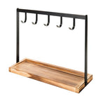 MyGift Black Metal Entryway Key Holder with 5 Hooks and Burnt Wood Base, Tabletop Necklace and Jewelry Organizer Rack with Ring Tray - color: Burnt Wood