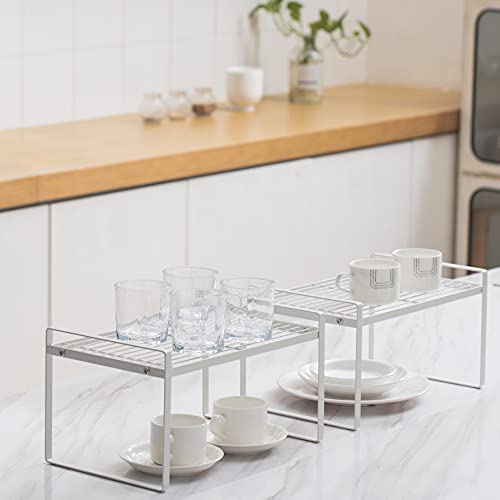 Shantton 2 Pack Kitchen Cabinet Shelf Counter Organizer Rack Pantry Storage Bathroom Bedroom Office Table Desk Space Saving Steel Frame Stackable Rust Resistant Non Slip White - color: White, size: L13" W8.3" H7.3"