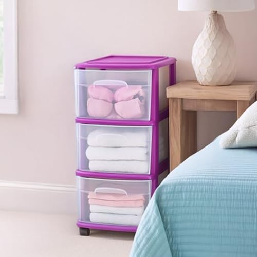 HOMZ Drawer Tower, 3-Tier Clear Plastic Storage Organizer Cart, Purple Frame - Rolling Drawer Containers with Wheels for Bathroom, Bedroom, Office, and Classroom Organization - color: Purple, size: 1 Pack