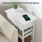 HOOBRO End Table with Charging Station, Narrow Side Table, Flip Top Nightstand with USB Ports and Outlets, Bedside Tables with Shelf for Small Spaces, Living Room, White WT341BZ01 - color: White