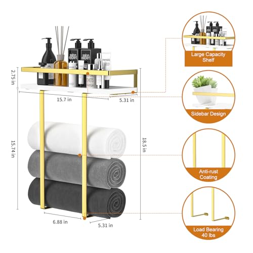 Towel Racks for Bathroom Wall Mounted, Metal Towel Holder with Wooden Shelf for Folding Large Towels, Towel Storage for Small Bathroom Organizer Decor or RV Camping,Golden - color: Golden, size: Small