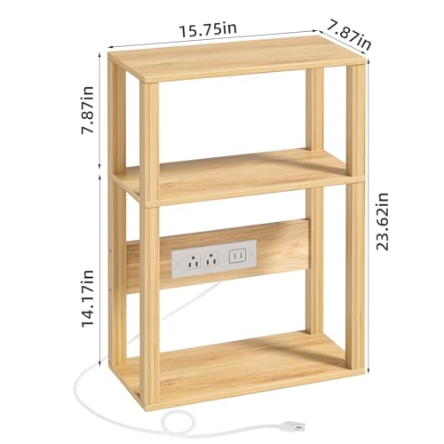 YUFAM 3 Tier Small Narrow Bamboo Side Table Set of 2 with Charging Station - Skinny Nightstand for Small Spaces, Slim Bedside Table with USB Ports and Outlets - Thin End Table with Storage, Natural - color: Natural, size: 2 Pack