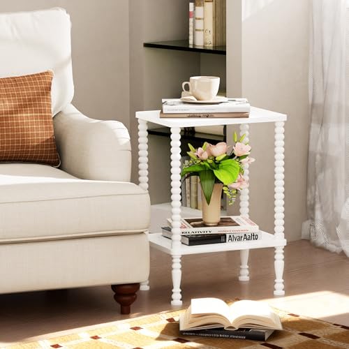 Side Table, 2-Tier Wood End Table, Vintage Bedside Nightstand with Open Storage Shelf for Living Room, Bedroom, Office, White - color: White, size: 2-Tier