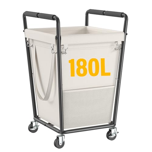 180L Laundry Basket with Wheels & Handles, Laundry Cart with Removable Bag & Metal Frame for Clothes Storage, Hamper with Wheels for Laundry Room, Bathroom, Dorm, Home, Closet (Beige) - color: Beige, size: 180L