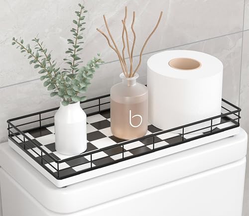 Toilet Paper Basket Organizer – Oak Wood Toilet Tank Tray with Metal Frame, Bathroom Counter Top Storage for Toilet Paper, Wipes & Decor, Modern Narrow Back of Tank Shelf Organizer, Black & White - color: Black & White, size: 13" x 6.5" x 2"