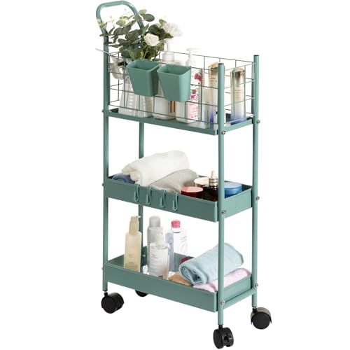 danpinera Storage Cart, 3 Tier Metal Narrow Storage Cart with Handle, Hooks and Hanging Cups, 7.7 Inches Wide, Green - color: Green, size: Slim (3 tier)