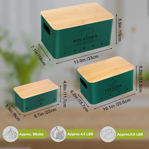 Kitchen Vegetable Storage Set of 3, Metal Onion Garlic Potato Storage Set, Kitchen Canisters Vegetable Keeper Containers with Aerating Holes and Wooden Lid (Alpine Green) - color: Alpine Green