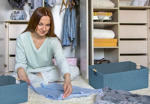 Foldable Storage Box with Handles | 16.9 Inch Collapsible Organizer for Clothes, Toys, Makeup | Sturdy Cardboard Frame & Washable Fabric | Space-Saving Home Decor 2Pack - color: Blue