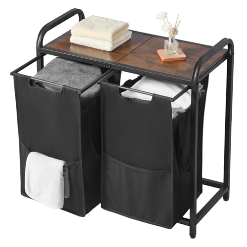 VEVOR 2 Section Laundry Sorter, Large Laundry Hamper with Metal Frame and Wooden Tabletop, Freestanding Storage Organizer Baskets with Pull-Out 600D Oxford Cloth Bags for Dirty Clothes, Bathroom - style: 2 Section