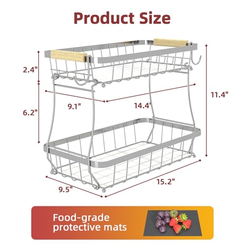 Sevenblue 2 Tier Large Fruit Basket for Kitchen Counter with 2 Mobile Banana Hangers, 2026 Pro Detachable Metal Fruit Bowl with Wooden Handle (Silver, 2 Tier Extra Large) - color: Silver, size: 2 Tier Extra Large