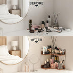 2-Tier Bathroom Counter Organizer, Wooden Corner Shelf for Vanity Countertop Skincare & Makeup, Storage and Organization for Kitchen