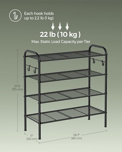 SONGMICS Shoe Rack, 4-Tier Shoe Organizer, Metal Shoe Shelf Storage with 4 Side Hooks, Holds 15 Pairs of Shoes, Height-Adjustable Shoe Rack for Entryway, Hallway, Closet, Ink Black ULMR069B01 - color: Ink Black, size: 4 Tiers (26.7"W)