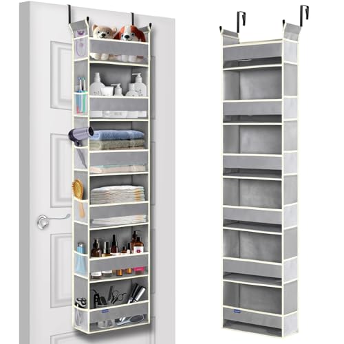 Over The Door Organizer 6-Shelves and 12 Side Pockets, Over The Door Storage for Bathroom Bedroom Nursery, Hanging Door Organizers for Baby Diapers and Kids Toys (13"x5"x54", Grey) - color: Grey, size: 6-Shelf Over Door Organizer