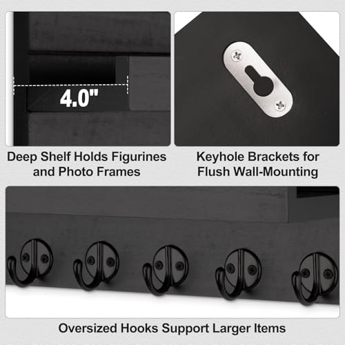 Lwenki Key Holder Wall Mount, Entryway Key and Mail Holder with 7 Sturdy Hooks for Sunglasses, Dog Leash, Decorative Wall Shelf with Mounting Hardware, 15”W x 6.7”H x 4.2”D - color: Black