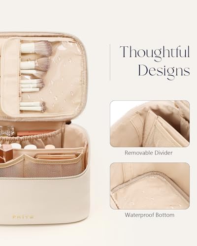 Prite Makeup Bag, Large Capacity Portable Travel Cosmetic Bag, Waterproof Makeup Organizer for Women with Handle and Divider (001 Beige) - color: 001 Beige