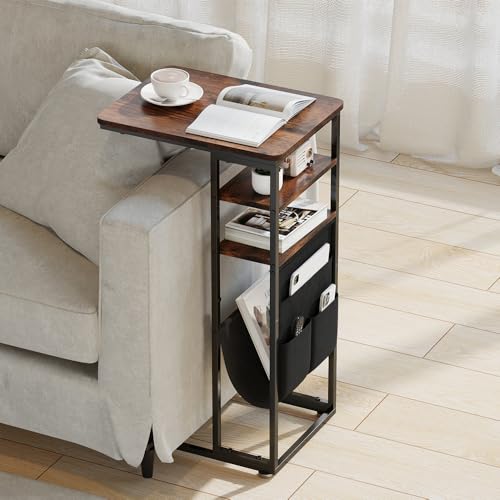 C Shaped End Table 28"(H) 3-Tier C Table with Storage Bag, Under Couch Table C-Shaped End Table with Storage Shelves and Bag for Living Room, Bedroom, or Office - color: Rustic Brown, size: Wood