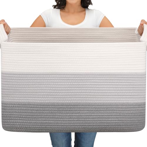 OIAHOMY Extra Large Blanket Basket, 110L Cotton Rope Woven Laundry Basket, Toy Bin for Baby Room, Container for Blanket Storage in Living Room, 24.8''×17.3''×15.8'', Gradient Grey - color: Gradient Grey, size: 110L