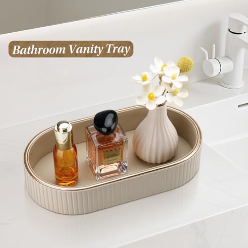 GORESE PU Leather Perfume Tray Nightstand Organizer, Small Oval Desk Tray Jewelry Trinket Trays Valet Organizer Key Bowl for Entryway Dresser Bathroom, Catchall Trays for Men Women, 11×5.9 in, Beige - color: Beige