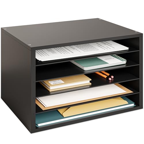 Ballucci 5 Tier Paper Organizer Letter Tray, Wood Desk File Organizer with Adjustable Shelves, Home Office School Letter/A4 Mail Sorter Magazine Holder - Black - color: Black, size: 5 Tier Standard