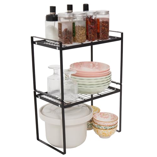MiaLi Cabinet Organizer Shelf, Set of 2 Metal Counter Shelves Spice Rack, Stackable Kitchen Bathroom Organizers and Storage, Black - color: Black, size: 7.7"D x 13.7"W x 9.2"H + 7.7"D x 13.7"W x 9.2"H