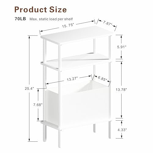 Narrow Side Table with Fabric Basket, End Table for Small Spaces, Slim Nightstand with 3-Tier Storage Shelf, Sofa Beside Table, for Living Room, Bed Room, Natrual White - color: Natrual White