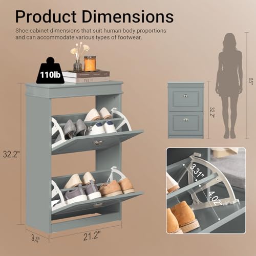 Haotian Small Shoe Cabinet, Grey 2 Flip Drawers Freestanding Shoe Rack, Shoe Storage Cupboard Organizer (9.45" D x 20.87" W x 32.28" H), FSR78-HG - color: Grey, size: 2 Drawers (S)