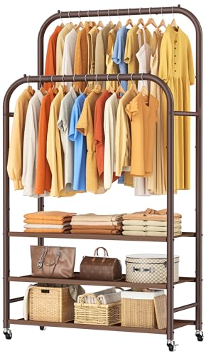 HOMIDEC Double Rods Clothes Rack Clothing Rack with 3 Tier Storage Shelves Clothes Rack for Hanging Clothes Multifunctional Heavy Duty Clothes Organizer for Bedroom,Wardrobe Closet,Shop,Brown - color: Brown